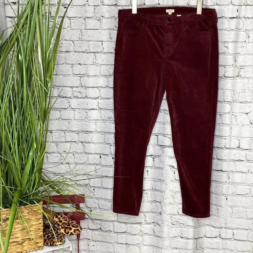 J.Crew Holiday Velvet Mid-Rise Skinny Stretch Jeans‎ Pants Wine 32